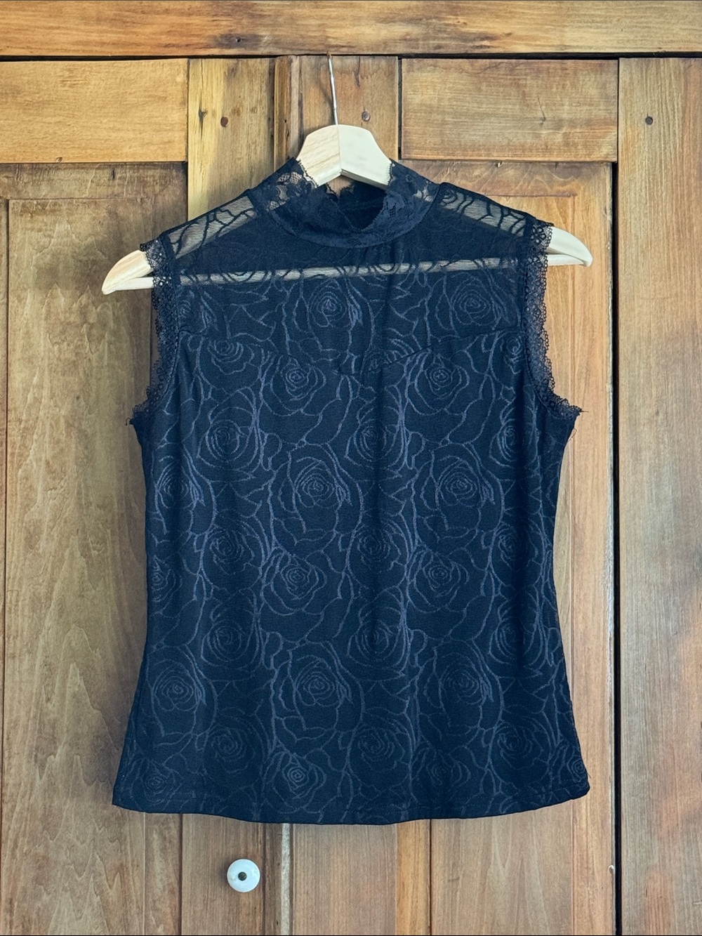 Black Floral Lace Mock Neck Rose Jacquard Camisole Sz M Sheer